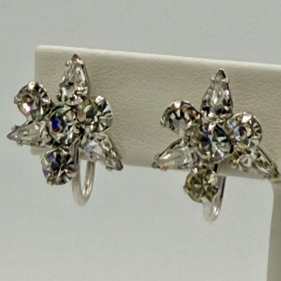 VTG Screw-Back Earring Lot x2 | Rhinestone | Geometric & Floral Sparkle - Picture 7 of 9